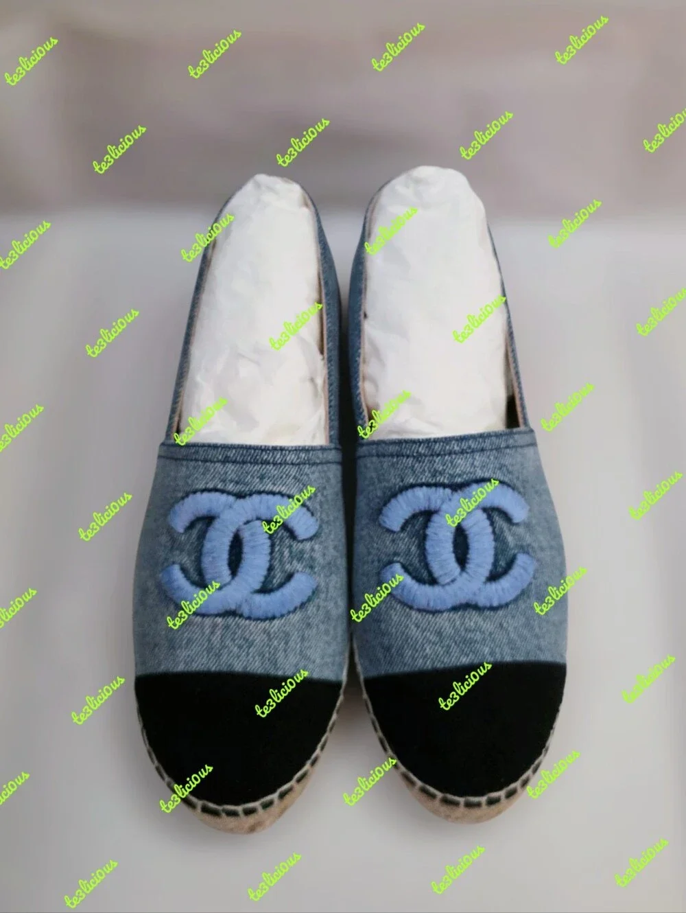 CHANEL 22B LAMBSKIN ESPADRILLES LIGHT BLUE BLACK SZ 39 *PRE-OWNED 100% AUTHENTIC